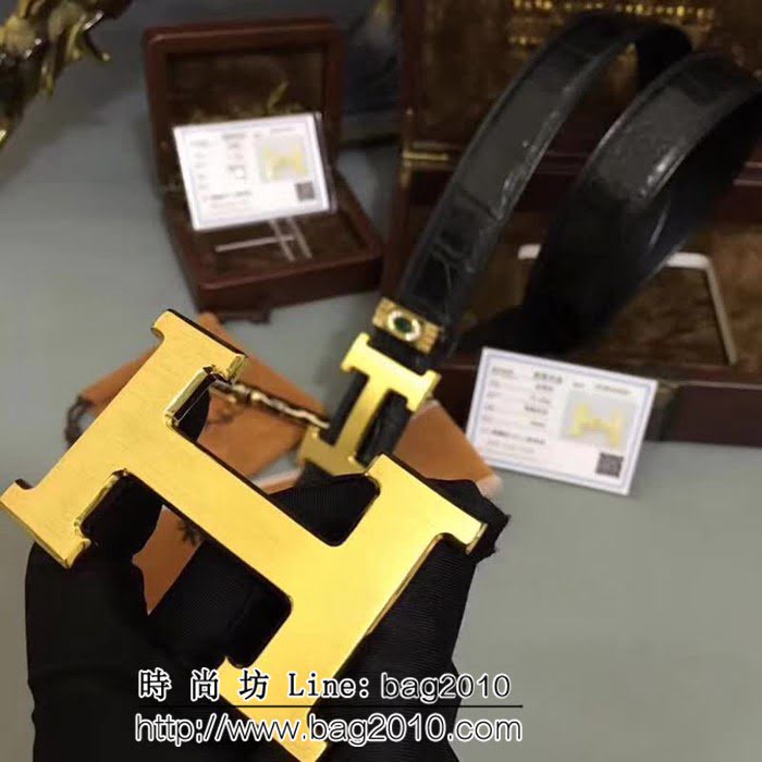 愛馬仕HERMES 黃金系列 24KGold純黃金扣頭 純手工美洲鱷魚皮高端男士皮帶 HHG1518